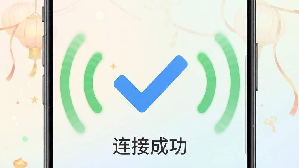 ����wifi��������һ�����ӳɹ����棬�ֻ���Ļ������ʾһ���޴����ɫ�Թ�ͼ�꣬��Χ����ɫ���źŲ�����ɢ���·���ʾ�����ӳɹ�����������������͵�ǳɫ���䣬������ϲ���࣬���ʸɾ��޶���Ԫ�ء�