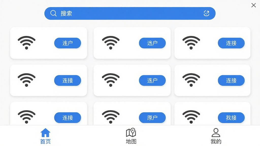����wifi���������ɾ���ˬ����ҳ���棬��ɫ����Ϊ������������ɫ�����������м����������е�WiFi�ȵ㿨Ƭ��ÿ����Ƭ�����WiFiͼ�꣬�Ҳ������Ӱ�ť���ײ��������С���ҳ��������ͼ�������ҵġ�����ͼ�꣬������Ʊ�ƽ�������׳��㣬���ʸɾ��޶���Ԫ�ء�