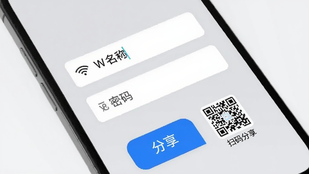 ����wifi������������WiFi������棬�ֻ���Ļ��ʾһ��WiFi��������������������·���һ����ɫ�ġ���������ť���Ա��С�ɨ��������Ķ�ά��ͼ�꣬������ǳ��ɫ������Ԫ�ؼ�࣬�������������ʸɾ��޶���Ԫ�ء�