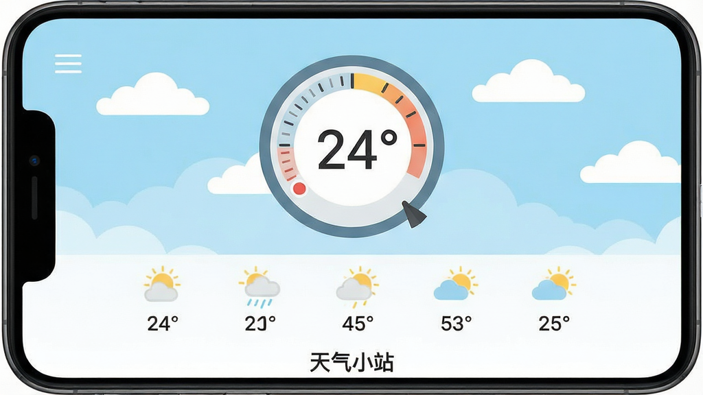 һ���ֻ���Ļչʾ�š�����Сվ��Ӧ�õ������棬����������һ���޴��Բ���¶ȼ�ͼ�Σ���ʾ�š�24�㡱�������ǵ���ɫ����պͼ�����ƣ��·�����������δ�����������ͼ����¶����䣬����ײ��С�����Сվ���ĸ��ֵ����ֱ�ʶ�����岼�ּ�����죬���ñ�ƽ����Ʒ��ϸ�ڸɾ��������������޶���Ԫ��