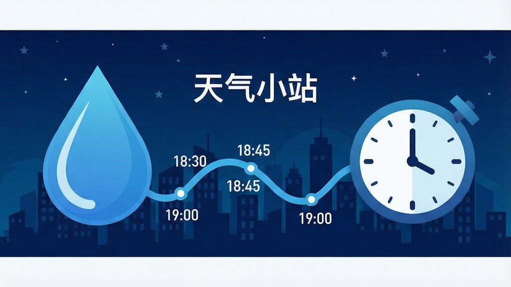 һ����Ϣͼ�����Ĳ廭�����������һ���޴�����ͼ�꣬�Ҳ���һ��ʱ��ͼ�꣬�м���һ�����������ӣ��������ϱ�ע�š�18:30������18:45������19:00����ʱ��㣬����������ɫ��ҹ�պͳ��еļ�Ӱ�����������С�����Сվ�������ֱ�ʶ���������ִ��Ƽ��У��Ű����������ʸɾ����޶���Ԫ��