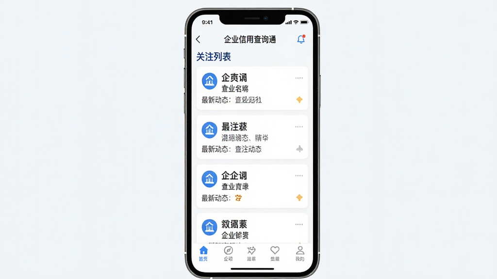 һ���ֻ�Ӧ�ý���չʾͼ�������С���ҵ���ò�ѯͨ���Ĺ�ע�б�ҳ�棬չʾ����ѹ�ע��ҵ��Ƭ��ÿ����Ƭ������ҵ���ƺ����¶�̬��ʾ����������Ϣ֪ͨͼ�꣬�ײ����������������������ִ����׵��������Ű����룬���ʸɾ����޶���Ԫ��