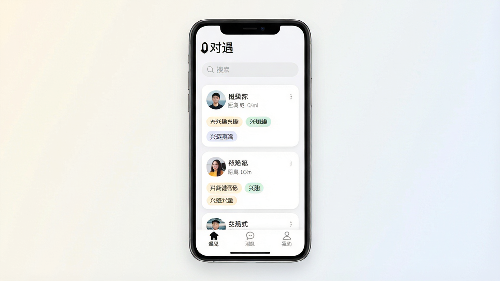 һ��չʾ��������App����ȫò���ֻ�����ͼ��������һ�������ֻ�����Ļ����ʾ��������Ӧ�õ���ҳ������Ϊ������������Logo�����������м��ǿ�Ƭʽ�û��Ƽ�����ÿ�ſ�Ƭ��ͷ���ǳơ��������Ȥ��ǩ���ײ�Ϊ������������Ϣ�����ҵġ�����������ť���Ű�������������ִ���ˬ��ϸ��Բ�󣬻��ʸɾ��޶���Ԫ�أ�����Ϊǳɫ����