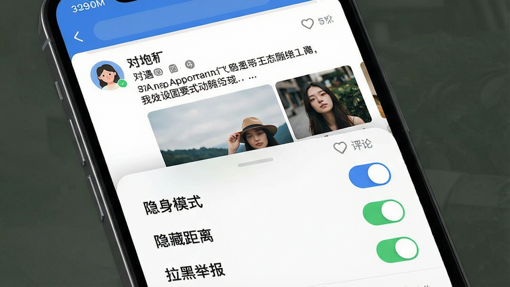 һ��չʾ��������App��̬�㳡����˽���ý�ϵĽ���ͼ������Ϊ�ֻ���Ļ���ϰ벿��Ϊ��̬��Ϣ������ʾ�û�ͷ���ǳơ���̬���ֺ�ͼƬ���������۰�ť���°벿�ָ���Ϊ��˽������壬����������ģʽ�������ؾ��롱�����ھٱ�����ѡ��أ����ֲ�η���������ִ���ϸ�����������ʸɾ��޶���Ԫ��
