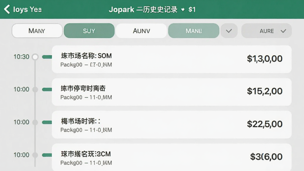 JoparkӦ����ͣ����ʷ��¼ҳ�棬ʱ�������е�ͣ���˵��б���ÿ����ʾͣ�������ơ�ͣ��ʱ���ͷ��ý��������·�ɸѡ��ǩ��������ˬ��ǳ��ɫ���������ʸɾ�����