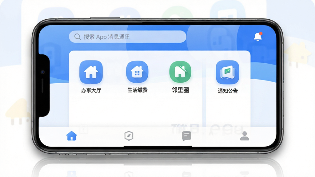 ��ܰ��App������ȫòչʾ���ֻ���Ļ������ʾ����������ģ�飬�������´���������ɷѡ�����Ȧ��֪ͨ�����ͼ�꣬�������������ɫ����������Ϊ����������Ϣ֪ͨ��ڣ��ײ�Ϊ�ĸ�������ǩ�����沼�������������ִ���ƽ��UI��Ʒ��ͼ��Բ���࣬��Ļ��Χ����΢��Ӱ�ͷ���Ч�������ʸɾ��޶���Ԫ��