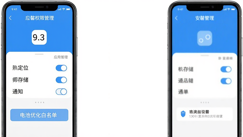 ��ܰ��App��װ���ý���ʾ��ͼ���ֻ���Ļ��ʾӦ��Ȩ�޹���ҳ�棬������λ���洢��֪ͨ��Ȩ�޿��أ������·��е���Ż�������������ڣ�����UI����࣬������ɫ�����ֱ�ǩ���������ʸɾ��޶���Ԫ��