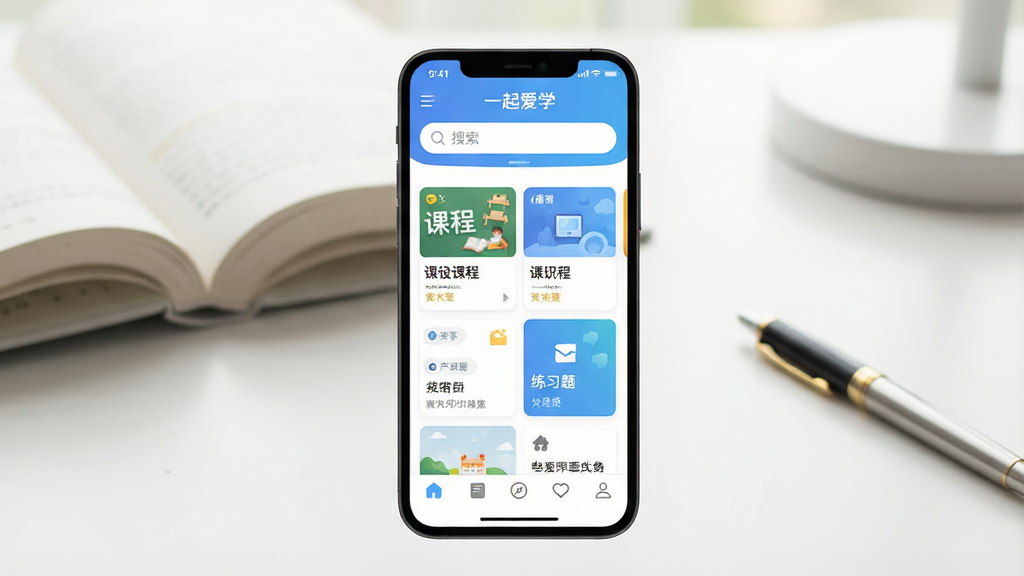 һ��չʾѧϰ��App��ҳ��ͼƬ�������������ֻ���Ļ����Ļ����ʾ��һ��ѧ��App�������棬�������������м��ǿγ̿�Ƭ����ϰ����ڣ��ײ��ǵ���������������͵��������������鱾�ͱʣ�������¼�࣬���ʸɾ����޶���Ԫ��