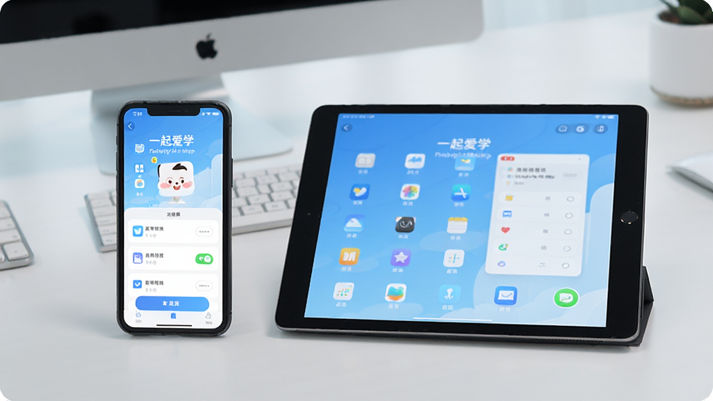 һ��չʾ���ֻ���ƽ���豸��ʹ�á�һ��ѧ��App��ͼƬ��������������ֻ���Ļ��ʾѧϰ���棬�Ҳ���ƽ����Ļ��ʾͬ���Ľ��棬�����Ǹɾ������棬���Ƽ��У������������޶���Ԫ��