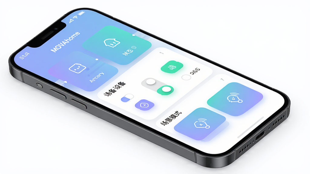 MOVAhome���ܼҾӿ���App�����棬����Ϊ�ֻ���ĻչʾApp��ҳ�����ְ�������ѡ��Ƭ���豸״̬��ݿ��غͳ���ģʽ��ť���Ű��������򣬷���ִ���Լ�Ƽ��У�ϸ���ϴ�����ͽ����Ч��Բ��ͼ�꣬���ʸ���ɾ����޶���Ԫ�أ���������ʾ���֡�MOVAhome��