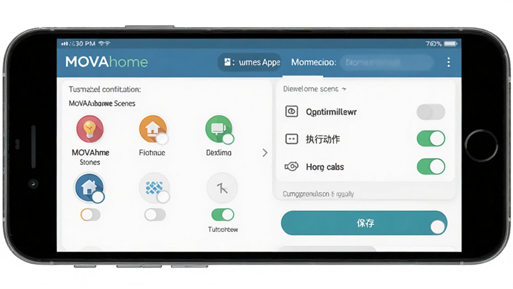 MOVAhome���ܼҾ�App�����������ý��棬����Ϊ�ֻ���Ļ��ʾ�Զ��������༭ҳ�����ְ�����������ѡ������ִ�ж����б��ͱ��水ť���Ű��߼�����������ƽ����ƣ�ϸ���ϴ��в�ɫͼ��Ϳ��ؿؼ������������ɾ����޶���Ԫ�أ���������ʾ���֡�MOVAhome��