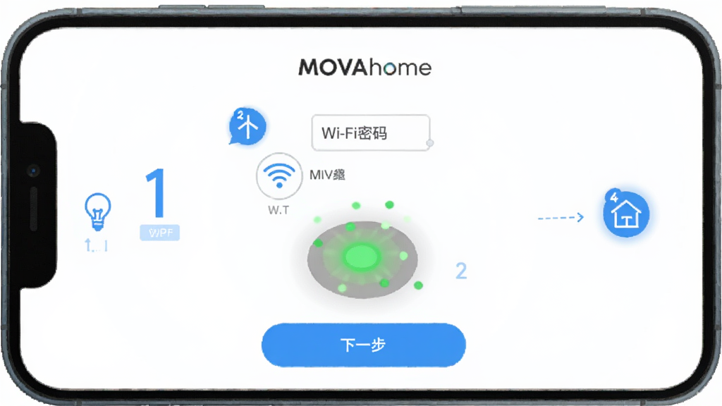 MOVAhome���ܼҾ�App�豸��������ҳ�棬����Ϊ�ֻ���Ļչʾ��������ͼʾ�����ְ���Wi-Fi����������豸ָʾ��״̬��ͼ����һ����ť���Ű������ˣ�����ƽ����ѧ�磬ϸ���ϴ�����ɫ����������ź�ͼ�꣬���������ɾ����޶���Ԫ�أ���������ʾ���֡�MOVAhome��