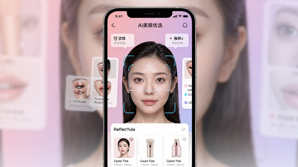 һ��չʾ�ֻ���Ļ�Ļ��棬��Ļ����ʾ��Ai������ѡApp�������棬����������һ�����µ�����Ů���沿ɨ�����ͼ����Χ������ױ���Ƽ���Ƭ�Ͳ�Ʒƥ���б�����������͵ķ���ɫ���䣬�����������ִ������ʸɾ��������޶���Ԫ��