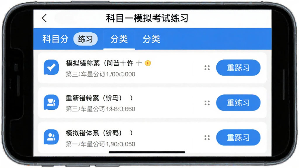 ��Ŀһģ�⿼����ϰApp�Ĵ��Ȿ���棬��Ļ��ʾ�����б��ͷ����ǩ�������п�Ŀһģ�⿼����ϰ������ÿ�������Ա���������ϰ��ť�����沼����������ɫ�԰�ɫ����ɫΪ����ͼ���࣬�����Ű����룬���廭�ʸɾ���ˬ