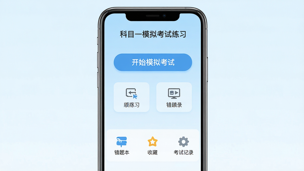 �ֻ���Ļչʾ��Ŀһģ�⿼����ϰApp�����棬������ʾ��Ŀһģ�⿼����ϰ���⣬�м�����Ŀ�Ŀ�ʼģ�⿼�԰�ť��˳����ϰͼ�꣬�·������Ŵ��Ȿ���ղؼС����Լ�¼�ȹ�����ڣ�����Ϊ����ɫ���䣬����ɾ����࣬��ƽ����Ʒ����������������ϸ�壬�޶���Ԫ��