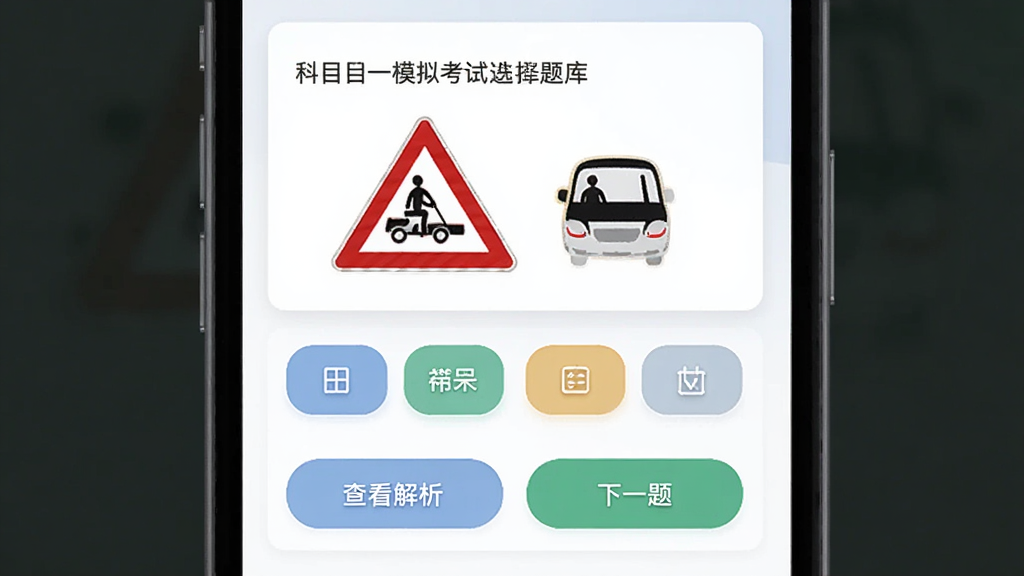 ��Ŀһģ�⿼����ϰApp�������ϰ���棬��Ļ������ʾһ����ͨ��־ѡ���⣬�·����ĸ�ѡ�ť���ײ��в鿴��������һ�ⰴť��������ÿ�Ƭʽ��ƣ���ɫ��ͣ����������׶������������ִ������ʸɾ�������Ԫ��