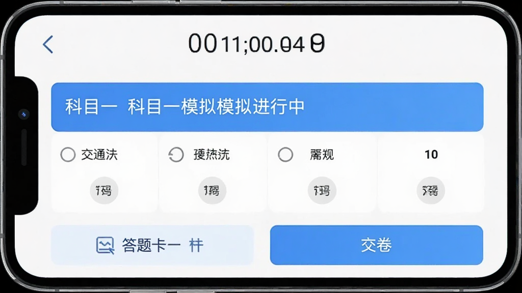 ��Ŀһģ�⿼����ϰApp��ģ�⿼�Խ����н��棬��Ļ��ʾ����ʱ�͵�ǰ��ţ��м��ǽ�ͨ����ѡ���⣬�ײ��д��⿨�ͽ�����ť���������࣬��ɫ���������ִ�С���У����廭�ʸɾ��޸���Ԫ��