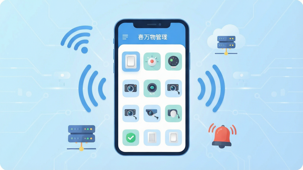 һ��չʾ��������App����ȫò�Ĳ廭������������һ�������ֻ����ֻ���Ļ����ʾ���������ߵ��豸���������棬�����ܿ��ء�������������ͷ��ͼ���������У��ֻ���Χ������WiFi�źŲ��ơ��ƶ˷�����ͼ���һ��С�ɵı���������������ǳ��ɫ�ĿƼ��н��䣬������ƽ�������־��жԳƣ�ϸ��Բ��ɾ�������������ˮӡ���޶���Ԫ��