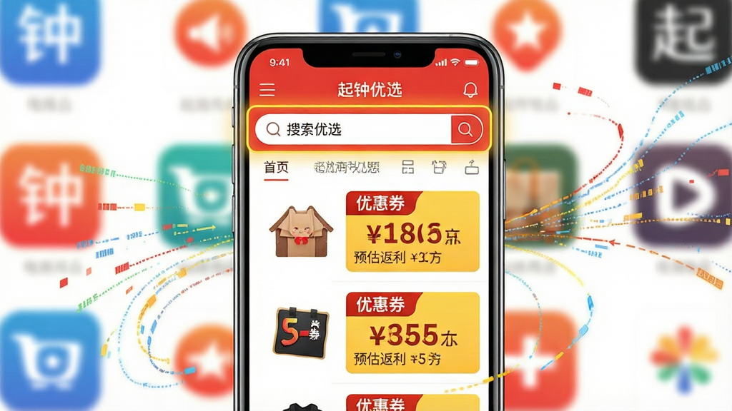 ������ѡApp����������չʾͼ������������һ���ֻ�����Ļ��ʾ������ѡApp�����������������·�������������б���ÿ����Ʒ�Ա߶���ע����Ŀ�ġ��Ż�ȯ�����͡�Ԥ����������������ģ���ĵ���ƽ̨Logo���ơ��������ֻ���Ļռ���壬��Χ�����������������Ϊ���̴������ɫ�����ޣ���ɫ�ͻ�ɫΪ��ɫ����ͻ���Ż����ȡ�ϸ������ƷͼƬ������������ּӴ���ʾ�������������ɾ����޶���Ԫ�ء�