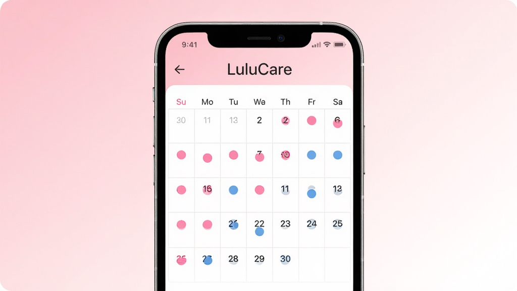 һ��չʾLuluCareӦ����������ֻ�����ͼ�������������ֻ���Ļ����Ļ����ʾLuluCare��������ҳ�棬�������з�ɫ����ɫ��Բ���ǣ�������ʾ