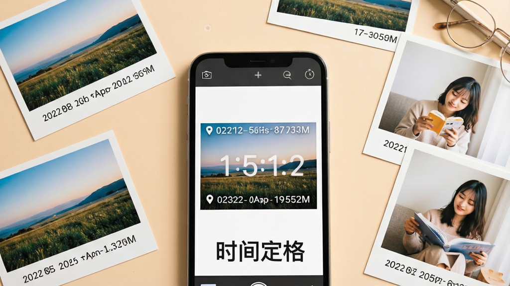 һ��չʾʱ�䶨��App���Ĺ��ܵ�����ͼ������������һ�������ֻ����ֻ���Ļ����ʾһ�Ŵ���ʱ��ˮӡ����Ƭ��ˮӡ������ʾ���ں͵ص㣬�ֻ��Ա�ɢ�伸��ͬ������ʱ��ˮӡ�ķ羰�պ������գ���������ů��ǳɫ�����棬�����������£����ʸɾ����޶���Ԫ�أ�ͼƬ�����ֱ�ע��ʱ�䶨�񡱡�