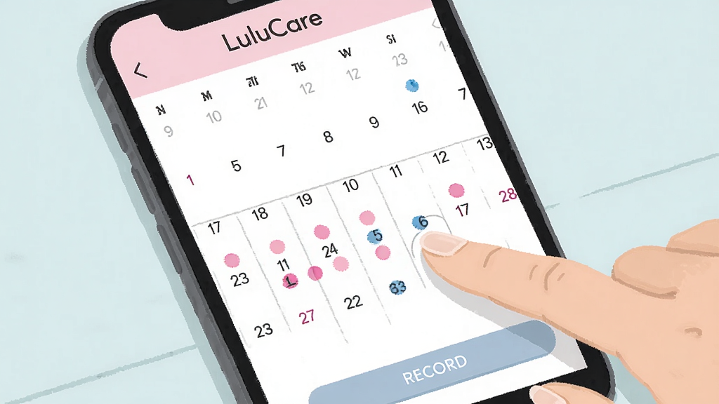 һ��LuluCareӦ��������ҳ�����ϸ��ͼ���廭������չʾ�ֻ���Ļ�е�������ͼ�������·��з�ɫԲ���Ǿ��ڣ���ɫԲ���������ڣ��û���ָ���ڵ��ĳһ�죬���涥����