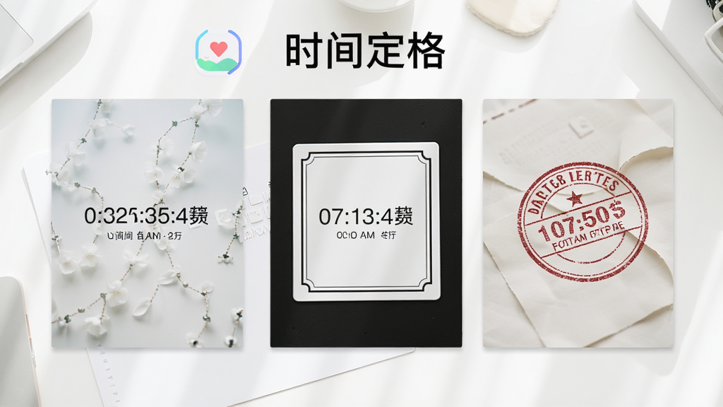 һ��չʾʱ�䶨��App����ˮӡ��ʽ��ͼƬ�����������������Ų�ͬ������Ƭ��ÿ����Ƭ�϶��в�ͬ��ʽ��ʱ��ˮӡ���ֱ��Ǽ�Լ���֡���Ƭ�߿�͸������ڴ�������Ϊ�ɾ��İ�ɫ���棬�������������򣬻���������ͼƬ�����ֱ�ע��ʱ�䶨�񡱡�
