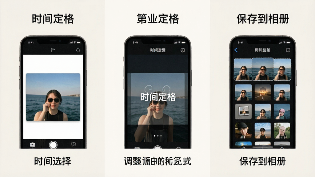 һ��չʾʱ�䶨��App���ֲ��������ͼƬ�������Ϊ��������չʾ����һ��ѡ����Ƭ���ڶ�������ˮӡλ�ú���ʽ�����������浽��ᣬÿ�����趼���ֻ������ͼ�ͼ�����˵��������Ϊǳɫ�������������׶������ʸɾ���ͼƬ�����ֱ�ע��ʱ�䶨�񡱡�