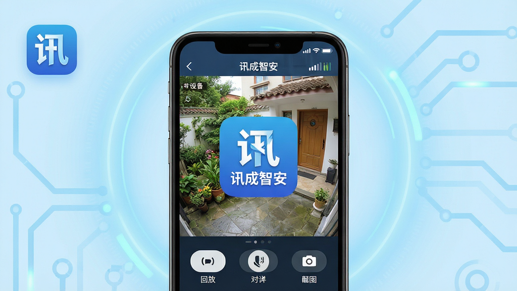 ��������ȫòչʾ�����������ǡ�Ѷ���ǰ���App��ͼ�����ֻ����棬�ֻ���Ļ��ʾ��������ʵʱ��ػ��棬��������ͥԺ���ſڳ��������沼�ּ�࣬�������豸���ƺ��ź�ǿ�ȣ��ײ��лطš��Խ�����ͼ�Ȱ�ť��������ǳ��ɫ�Ƽ��й��Σ�����ִ���ƽ��ϸ�ڸɾ������ʸ��壬�޶���Ԫ��