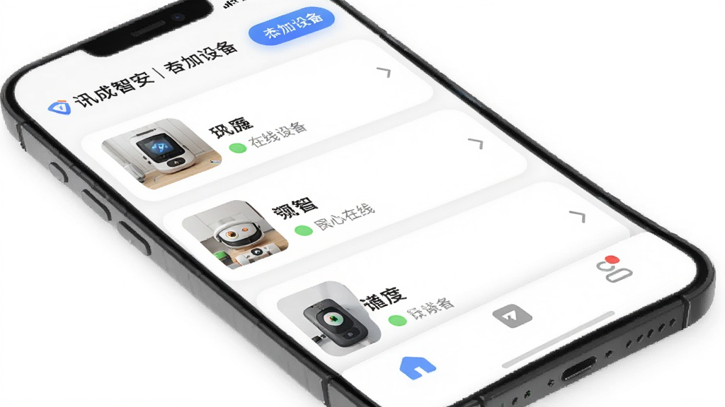 չʾ��Ѷ���ǰ���App�����棬�ֻ���Ļ��ʾ�����豸�б���ÿ���豸��Ƭ��������ͼ�����ƺ�����״̬�������������豸��ť���ײ�������ѡ�ͼ�꣬�����Ǵ���ɫ����񼫼�ϸ��Բ�󣬻��ʸɾ����޶���Ԫ��