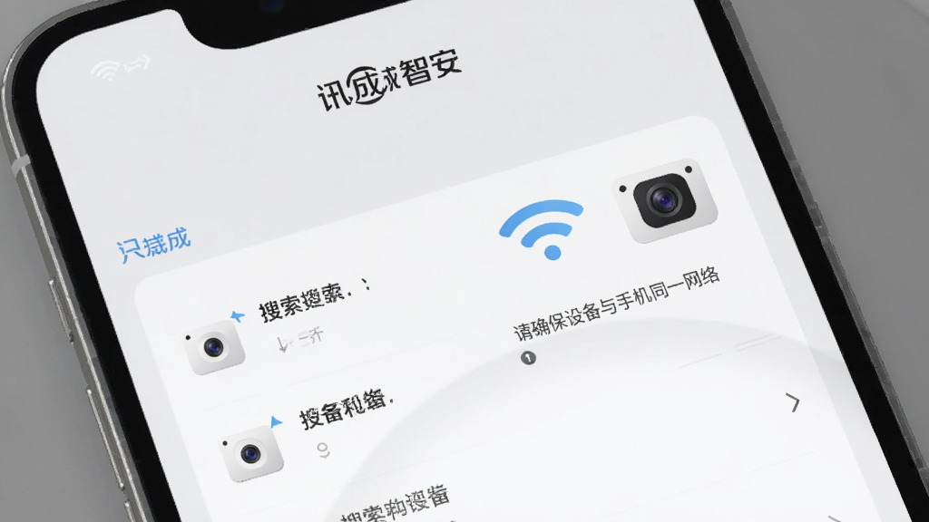 չʾ��Ѷ���ǰ���App�������豸����ҳ�棬�ֻ���Ļ��ʾ���������豸�б����Ա���WiFi�ź�ͼ�������ͷͼ�꣬����������ʾ���֡���ȷ���豸���ֻ���ͬһ���硱����������ˣ�����ǳ��ɫ��ϸ�����������ʸɾ����޶���Ԫ��