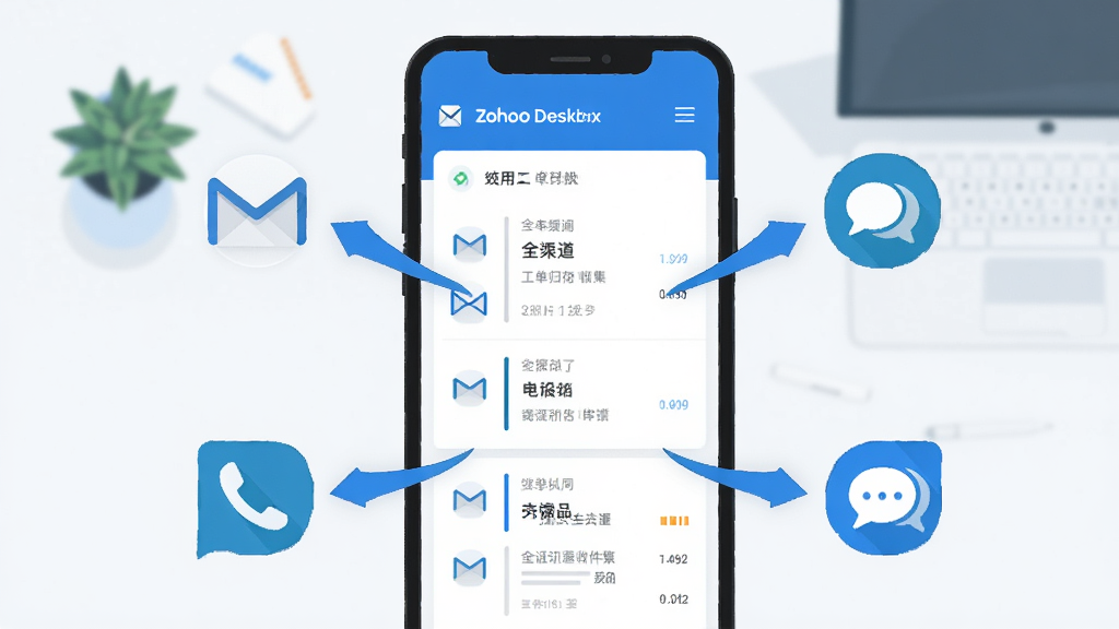 Zoho Desk ȫ���������鼯����ʾ��ͼ������������һ���ֻ�����Ļ��ʾͳһ�����ռ��䣬�ʼ����绰������ͼ��ֱ��м�ͷָ���ֻ���Ļ������Ϊ���İ칫�����棬����ƽ����������ɫ�����ʸɾ��޶���Ԫ��