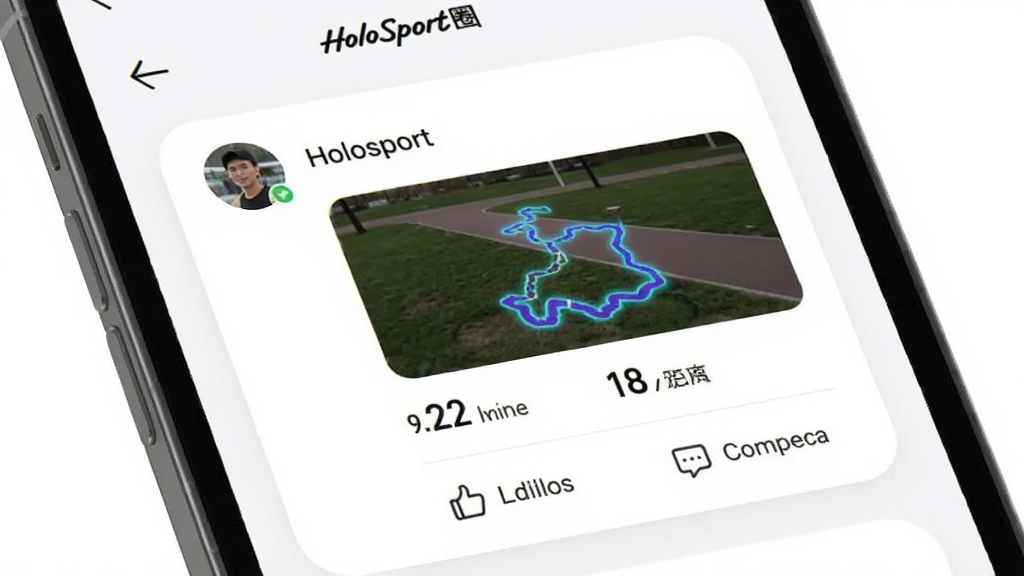 HoloSport�˶�Ȧ���棬�ֻ���Ļ��ʾһ���˶���̬��Ƭ�������û�ͷ���ǳơ��˶��켣����ͼ�����ٺ;������ݣ��·��е��޺�����ͼ�꣬����Ϊ��ɫ����ƬԲ����ƣ�����ɾ���ˬ