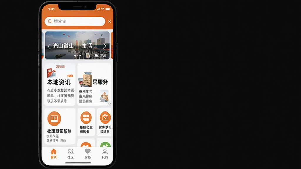 һ���ֻ���Ļչʾ�Ź�ɽ΢����APP�������棬������Ƽ���������Գ�ɫ�Ͱ�ɫΪ��ɫ������������������ֲ�ͼ���м��Ƿ��������ı�����Ѷ��Ƭ�ͱ������ͼ�꣬�ײ�����ҳ�������������ҵ��ĸ�������ť���������ִ���ƽ�����������ɾ����޶���Ԫ��