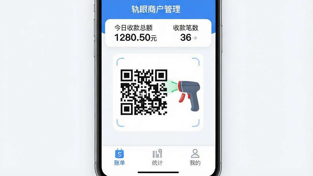 һ���ֻ�Ӧ�ý���չʾͼ�����������ǡ������̻�������APP�������棬������ʾ�����տ��ܶ�1280.50Ԫ���տ����36�ʣ��м�����Ŀ���տ��ά���ɨ��ǹͼ�꣬�ײ����˵���ͳ�ơ��ҵ�����ѡ���������ɫ����ɫ�Ͱ�ɫΪ��������ִ���ƽ��ͼ��Բ�󣬻��ʸɾ��������޶���Ԫ��