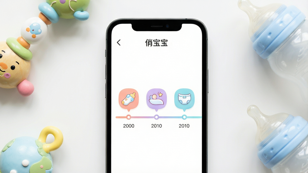һ���ֻ���Ļ����д����Ļ����ʾ�š��α�����App�ĳɳ���¼ʱ������棬��ι�̡�˯�ߡ����򲼵Ĳ�ɫСͼ�꣬ʱ�����������С��ֻ���Χɢ����Ӥ����ߺ���ƿ���������ֻ����У�������ࡣ�������ˬ��UIչʾ�磬ϸ�ڰ���ͼ��Բ��ɫ����͡�ʱ�����������������ʸɾ����޶���Ԫ�ء�