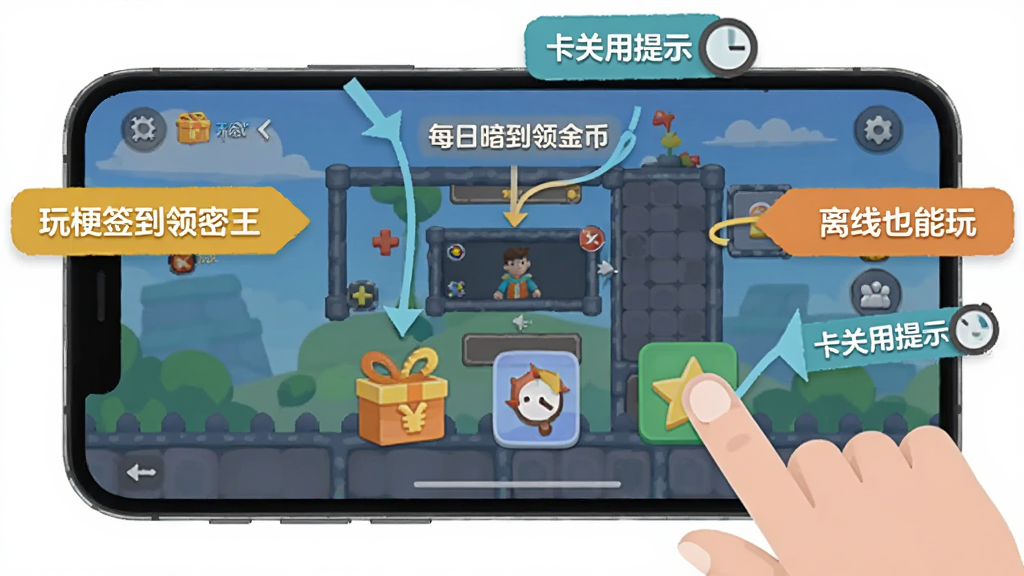 �湣��ӿ������ ��������ʾ��ͼ��������һ���ֻ��������ã���Ļ��ʾ��Ϸ�ؿ����棬�Ա�����ָ���ѡ��Ķ�������Χ�ü�ͷ��ע��ÿ��ǩ�����ҡ�����������ʾ��������Ҳ���桱�����ֱ�ǩ������ƽ����Ϣͼ��ɫ�����£����ʸɾ��޶���Ԫ��