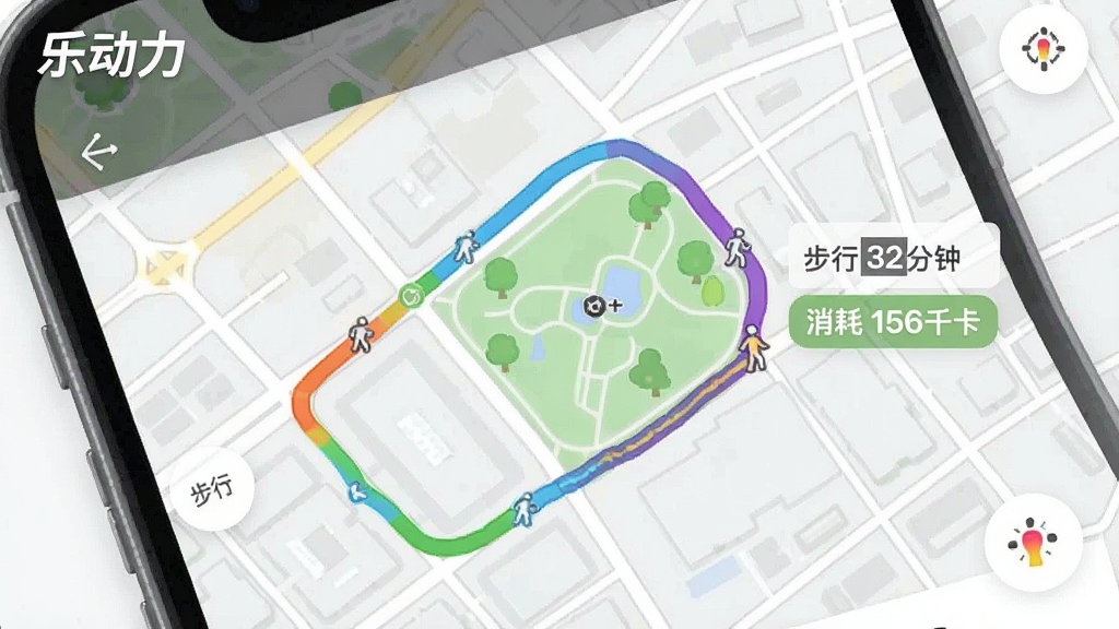 һ�š��ֶ�����App���˶��켣��¼����ʾ��ͼ����������һ�������Ĳ�ɫ�켣�ߴ�����ͼ�ϵĽֵ��͹�԰���켣�Ա߱�ע�š����� 32���ӡ��͡����� 156ǧ�����ı�ǩ�������Ǽ��ĵ�ͼ���������ֱ�ۣ����ʸɾ��޶���Ԫ��