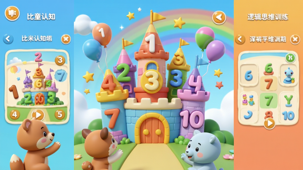 ���ײ��������� ��ͯ��������App�����档��������չʾһ����ɫ���ֳǱ����Ǳ���������1��10�Ŀ�ͨ���ͣ���ΧƯ���Ų�ɫ��������ǡ�ǰ���м�����ͨС������Χ����Ļ������������������ƺͲʺ硣����Ϊ���ҷ����������ʾ������֪��Ϸ���棬�Ҳ���ʾ�߼�˼άѵ�����档���Ϊ3D��ͨ��Ⱦ��ɫ��������ͣ�ϸ��Բ��ɰ������ʸɾ��������޶���Ԫ�ء�