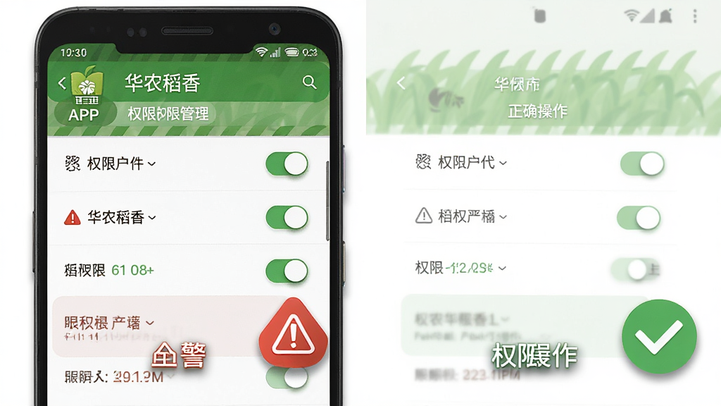 ��������Ϊһ����׿�ֻ���Ļ��д����ʾ����ũ���㡱APP��Ȩ�޹������ý��棬�Ա���һ����ɫ�ľ���ͼ�����ɫ�ĶԹ�ͼ�ꡣ���ֲ������ҶԱȹ�ͼ������Ǿ��棬�ұ�����ȷ�������Ű���ͻ��Ȩ�޿��ذ�ť�����Ϊ��ƽ����Ϣͼ���ɫ��������ϸ�ڰ���Ȩ���б����֡�����״̬��ͼ����Ӱ�����ʸ��壬�ɾ��޶���Ԫ�ء�