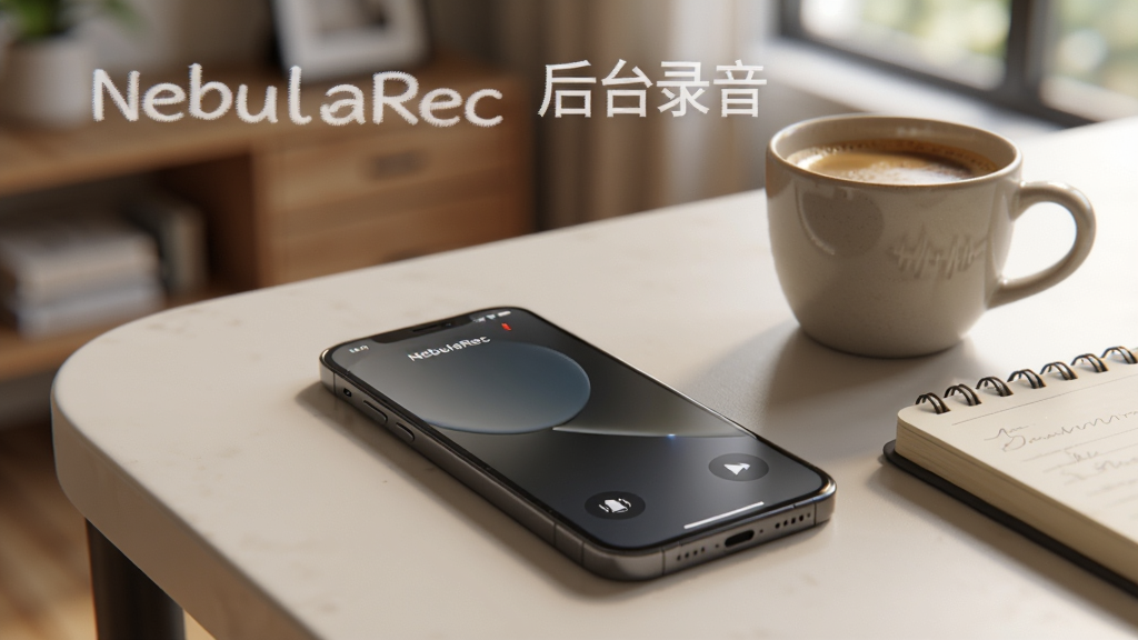 һ��չʾNebulaRec��̨�ȶ����й��ܵ�ͼƬ��������һ���ֻ����������ϣ���Ļ��������״̬��������һ��΢С�ĺ�ɫ¼��ָʾ�����ֻ��Ա���һ�����ȺͱʼǱ�����������ܰ�ļҾӻ�칫��������������ϸ����ʵ�����ʸɾ���ͼƬ�д������֡�NebulaRec ��̨¼������