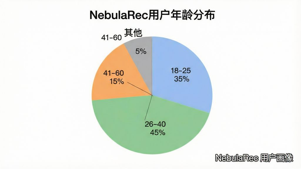 һ��չʾNebulaRec�û�����ֲ��ı�״ͼ��ͼ������Ϊ��NebulaRec�û�����ֲ�������ͼ��Ϊ�Ŀ飬�ֱ��ע18-25��35%��26-40��45%��41-60��15%������5%����ɫʹ����͵���ɫ����ɫ����ɫ�ͻ�ɫ�������ɾ��������רҵ������������ͼƬ�д������֡�NebulaRec �û����񡱡�