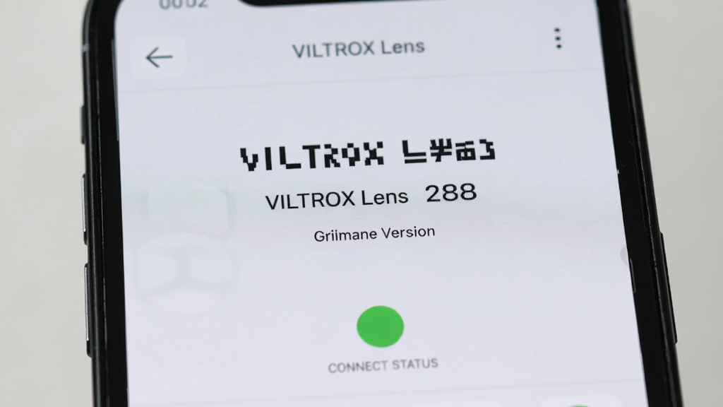 �������ֻ���Ļ��д����ʾ��VILTROX Lens��Ӧ�������Ӿ�ͷ��״̬ҳ�棬����Ϊ���д�ͼչʾ�ֻ����棬�Ű�ͻ����Ļ���ݣ����Ϊ�����ƷUIչʾ�磬ϸ�ڰ�����Ļ�ϵľ�ͷ�ͺ����֡��̼��汾�š�����״ָ̬ʾ��ͼ�꣬���������ɾ����޶���Ԫ��