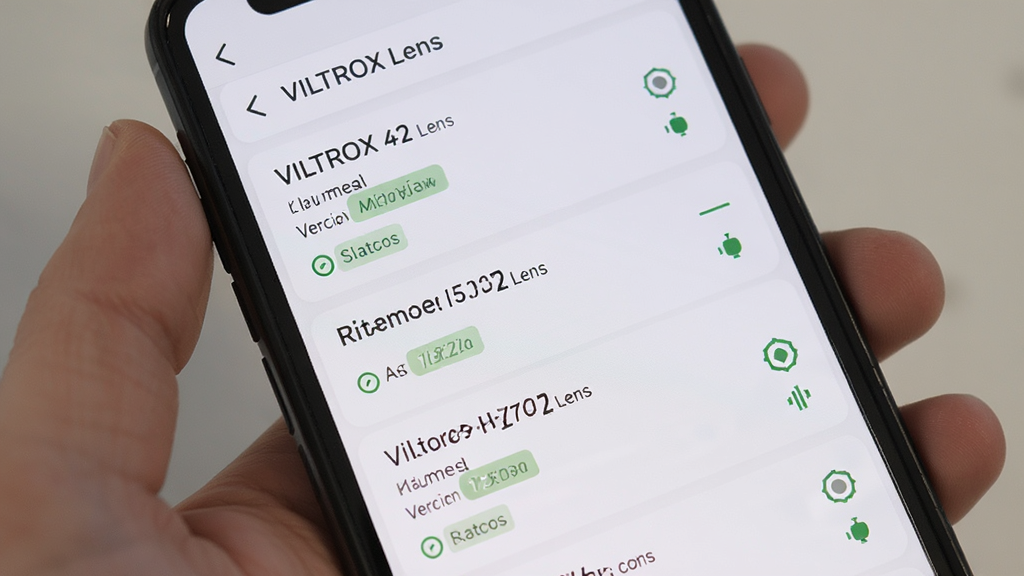 �������ֻ���Ļչʾ��VILTROX Lens����ͷ��Ϣ�б�ҳ�棬����Ϊ�����б����ж�֧��ͷ��Ŀ���Ű��������������Ϊ��๤����Ӧ�ý���磬ϸ�ڰ���ÿ����ͷ��Ŀ�Ե��ͺ����֡��汾�ű�ǩ��״̬ͼ�꣬���ʸɾ��޶���Ԫ��