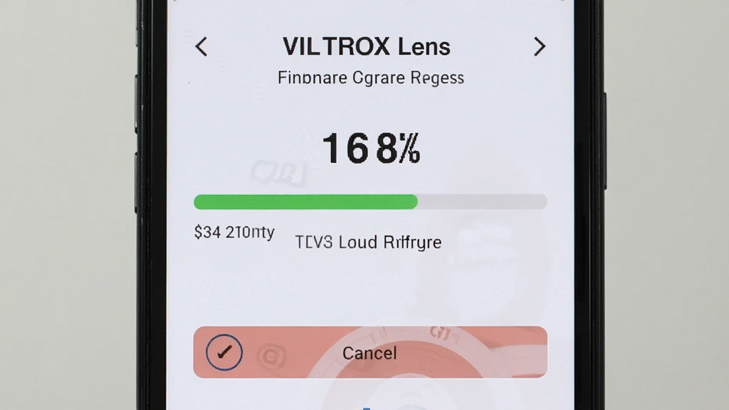 �������ֻ���Ļ��ʾ��VILTROX Lens���̼��������������棬����Ϊ�ֻ�����չʾ���Ű�ͻ������������ʾ���֣����Ϊ������Ӧ�ò�������磬ϸ�ڰ�����Ļ�ϵĽ��Ȱٷֱ����֡�����״̬��ʾ���֡�ȡ����ť�����������ɾ����޶���Ԫ��