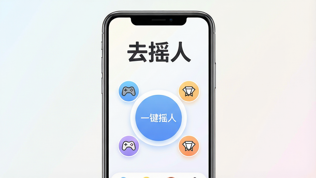 һ��չʾ��ȥҡ�ˡ�App���Ľ�����ֻ�����ͼ��������һ�����аڷŵ��ִ������ֻ�����Ļ������ʾApp�����棬���涥���С�ȥҡ�ˡ��������ֵ�Logo���м�����Ŀ�ġ�һ��ҡ�ˡ�Բ�δ�ť����ť��Χ�������˶�����Ϸ�����ε�Сͼ�ꡣ���ּ�࣬������ǳɫ���䡣����ִ���ƽ����ϸ��Բ�󡣻��ʸ��壬�ɾ����޶���Ԫ�ء�