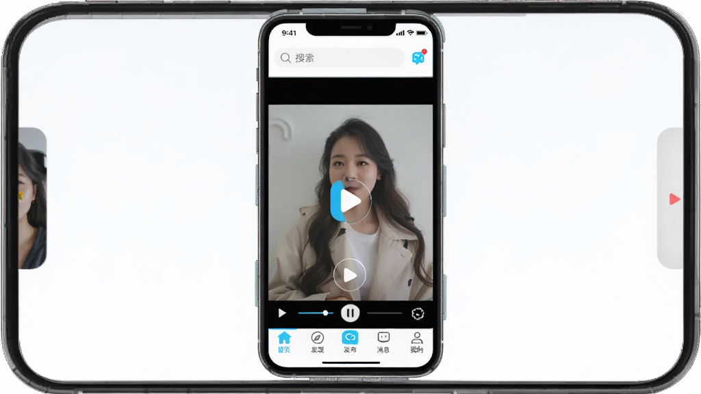����App������ȫòչʾ���ֻ���Ļ�����Ƕ���Ƶ���������Ϸ�������������Ϣͼ�꣬�ײ�Ϊ��ҳ�����֡���������Ϣ���ҵ����������ǩ�������԰�ɫ��ǳ��Ϊ��ɫ���������ˬ��Լ�����ʸɾ��޶���Ԫ�أ��������һ�������罻����ƵӦ�õĺ��Ĳ���