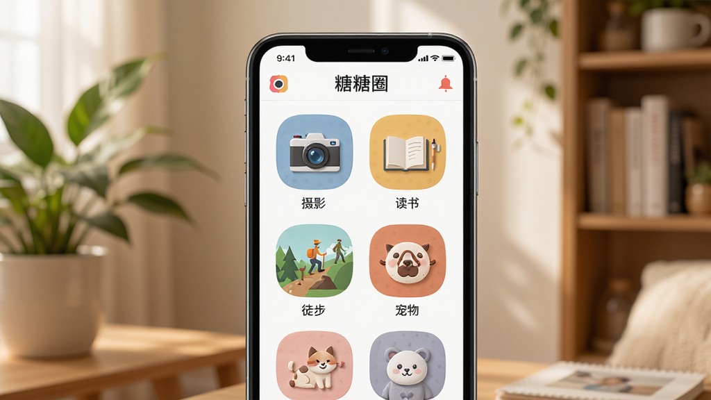 ����Ȧ��ȤȦ�ӽ��棬����������һ���ֻ����ֻ���Ļ����ʾ����ȦApp��Ȧ���б�ҳ�棬ҳ������������Ӱ�����顢ͽ��������Ȳ�ͬ��ȤȦ�ӵ�ͼ������ƣ�ÿ��Ȧ��ͼ����ƶ��أ���������ܰ�ľӼһ���������ֲ����ܣ�������ͣ����ʸɾ��������޶���Ԫ��