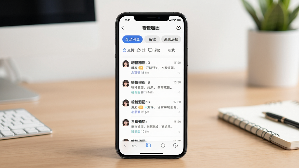����Ȧ��Ϣ������棬����������һ���ֻ����ֻ���Ļ����ʾ����ȦApp����Ϣҳ�棬ҳ���з�Ϊ������Ϣ��˽�š�ϵͳ֪ͨ������ǩ��������Ϣ�����е��ޡ����ۡ�@�ҵ��ӷ��࣬��Ϣ�б��������У������Ǽ��İ칫�����������ʸɾ����޶���Ԫ��