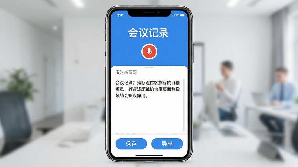 һ��չʾ�����¼App���Ľ�����ֻ���ͼ�������������ֻ���Ļ����Ļ����ʾ�����¼App����ҳ�������С������¼���ĸ����ֺ�¼����ť���м���ʵʱתд�������򣬵ײ��б���͵�����ť�����岼�ּ������������ִ���ƽ����������ɫΪ�������ʸɾ��޶���Ԫ�أ�ϸ��Բ�����������ɱ�